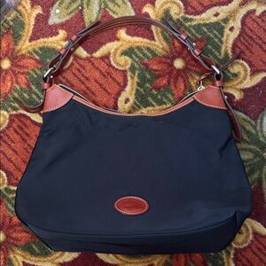 Dooney & Bourke Purse Erika Black Nylon Brown Leather Handle Handbag Lightweight